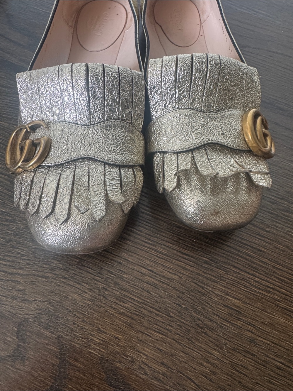 Gucci Marmont Metallic Gold Leather Fringe Ballet Flats GG Logo Size 37 - Picture 4 of 9